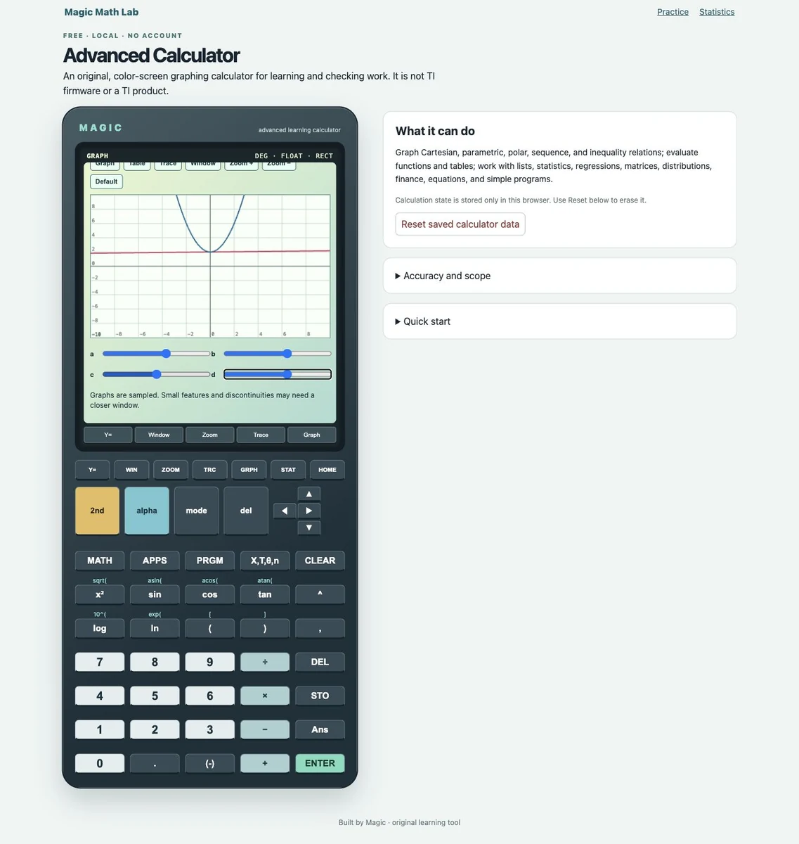 Magic Math Lab Advanced Calculator screen.
