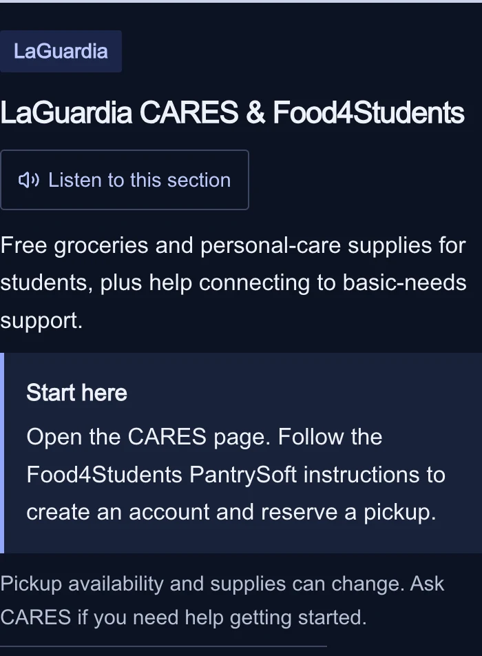 Sunavero food support resource screen.